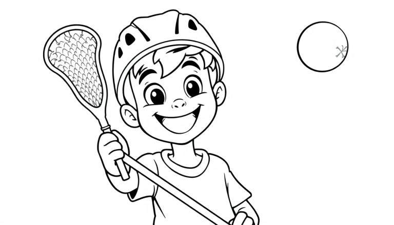 Niño sonriente con un palo de lacrosse listo para colorear, en blanco y negro.