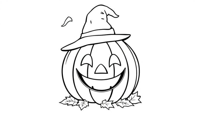 Placa de color de una calabaza sonriente de Halloween con sombrero de bruja.
