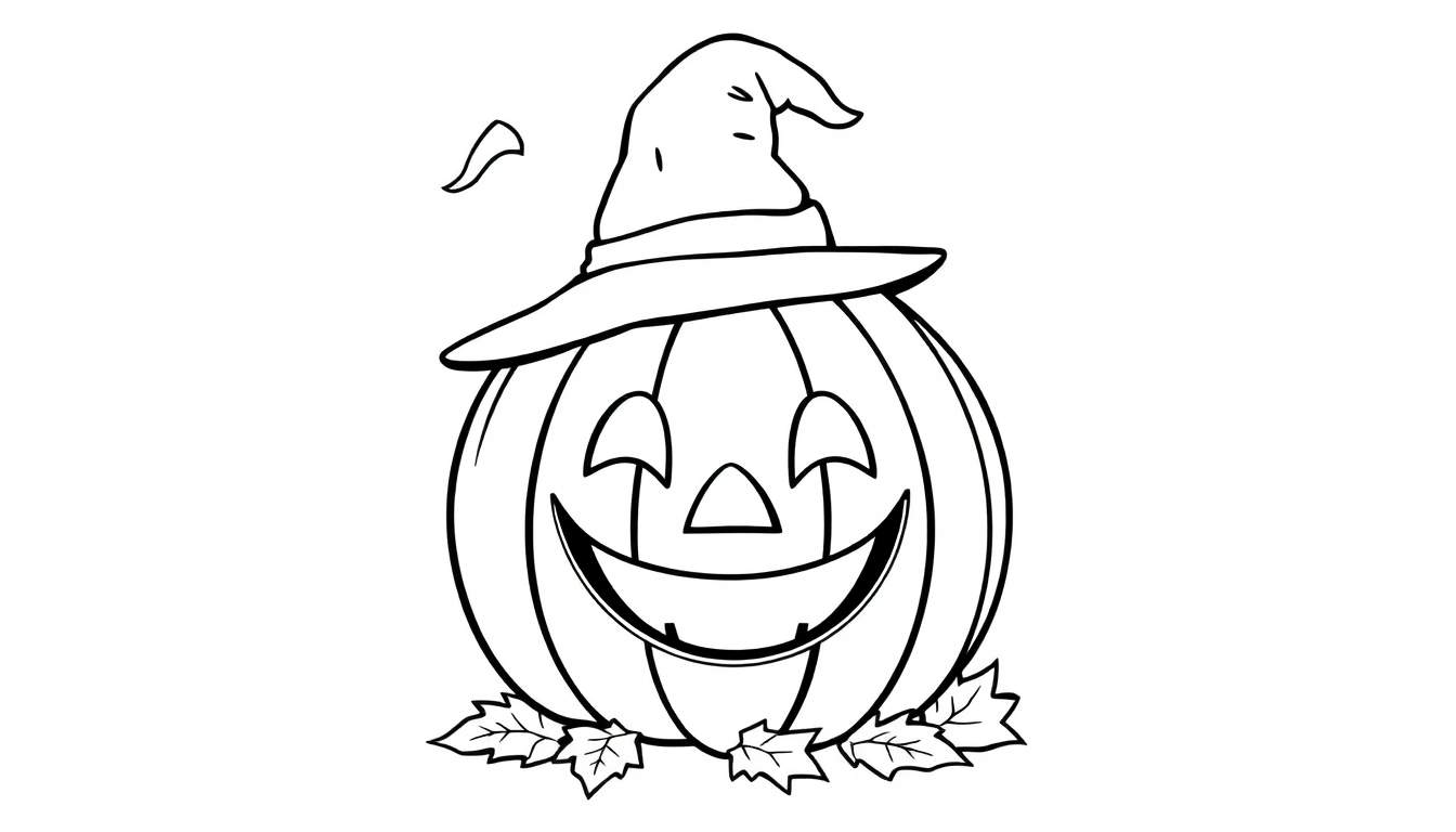 Placa de color de una calabaza sonriente de Halloween con sombrero de bruja.