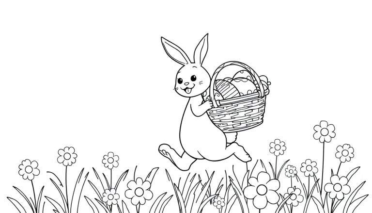 Placa de color de un conejo de Pascua corriendo con una cesta de huevos decorados entre flores.