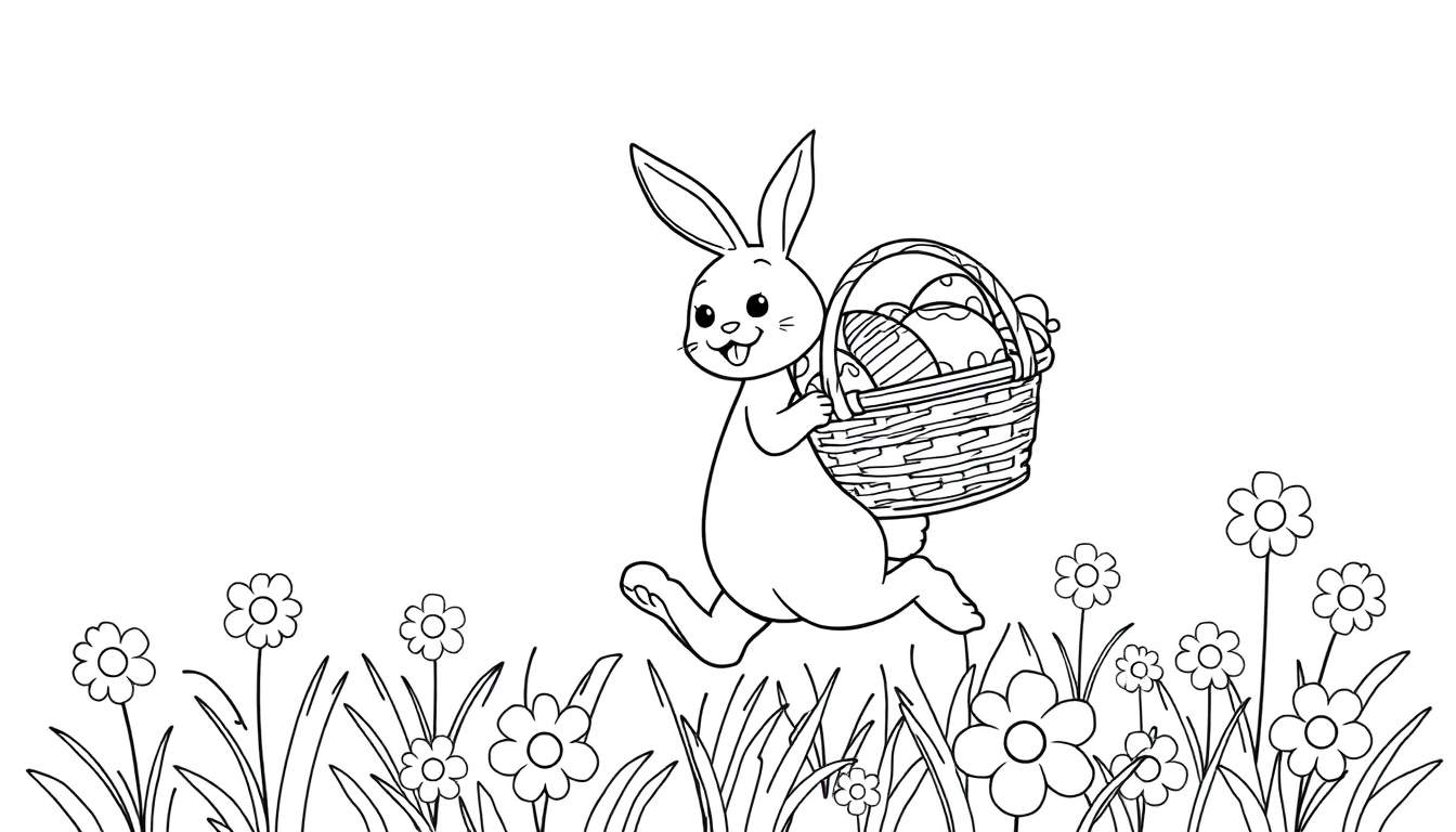 Placa de color de un conejo de Pascua corriendo con una cesta de huevos decorados entre flores.