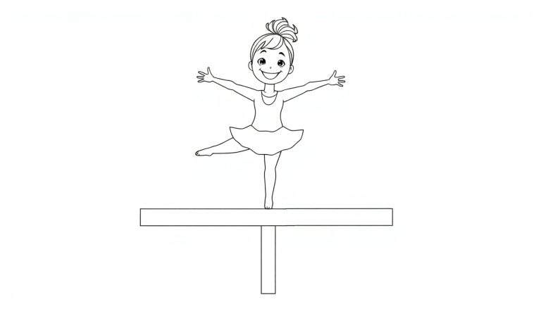 Placa de color de una gimnasta sonriente con el pelo recogido, con un maillot y tutú, extendiendo los brazos y haciendo un equilibrio sobre una pierna en una barra.