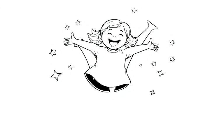 Placa de color: una niña sonriente haciendo una voltereta rodeada de estrellas.