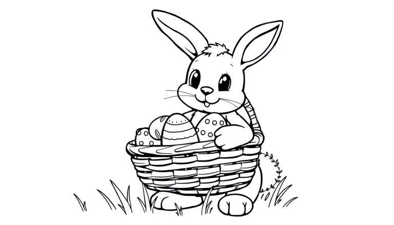 Placa de color de un conejito de Pascua sentado con una canasta llena de huevos de Pascua.