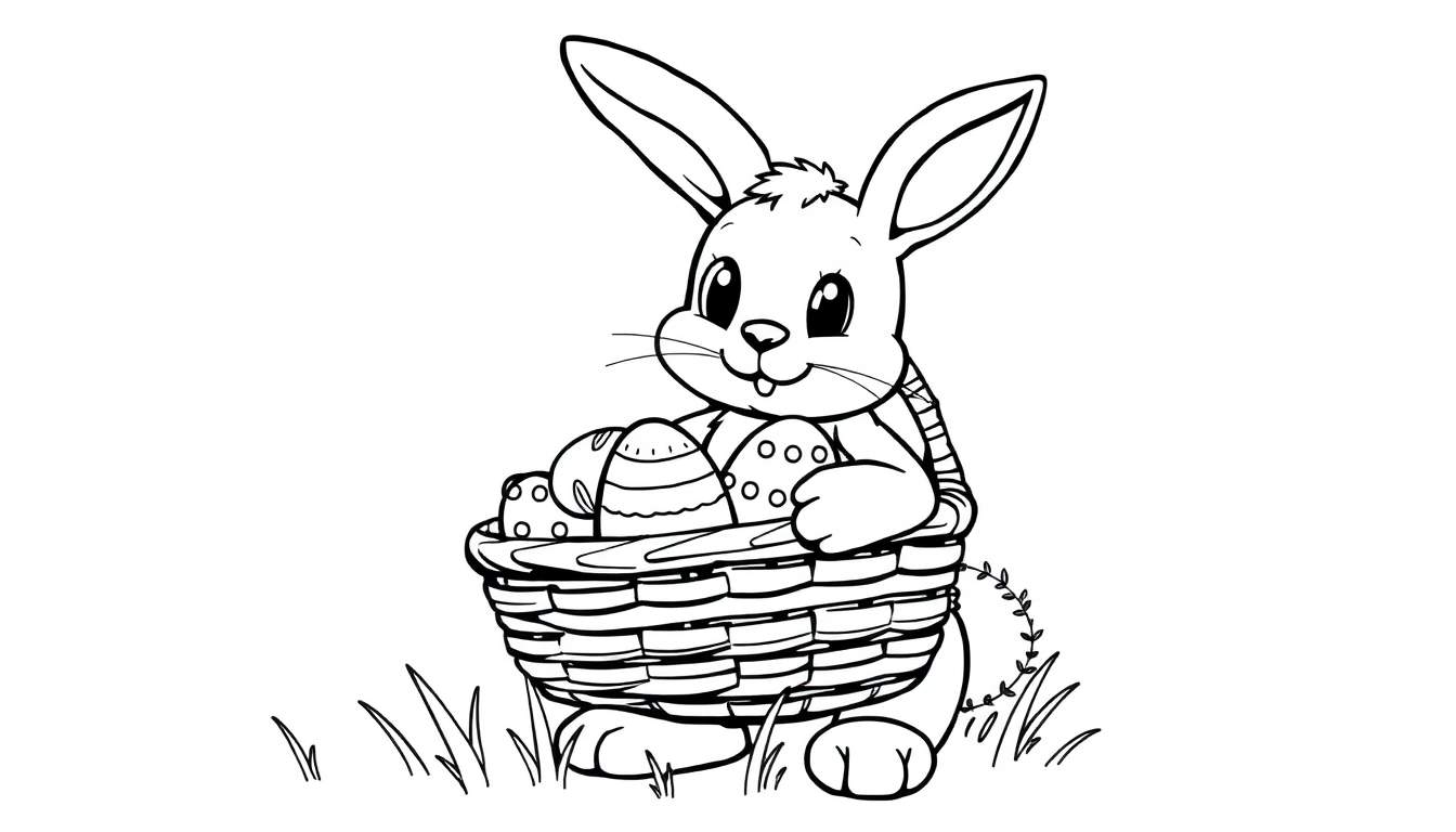 Placa de color de un conejito de Pascua sentado con una canasta llena de huevos de Pascua.