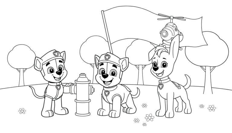 La Patrulla Canina lista para colorear, una placa de color con tres cachorros en un entorno natural.