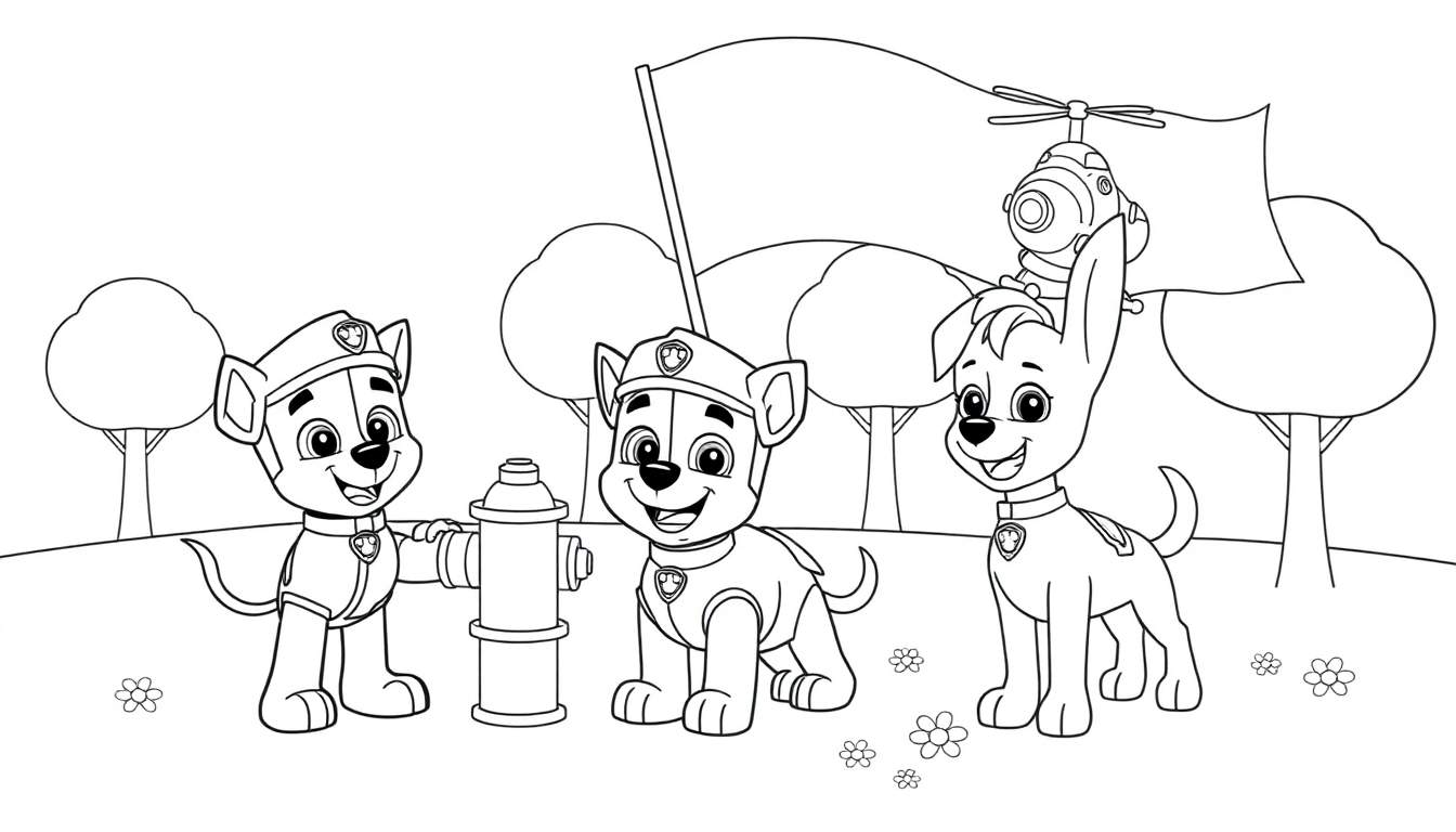 La Patrulla Canina lista para colorear, una placa de color con tres cachorros en un entorno natural.