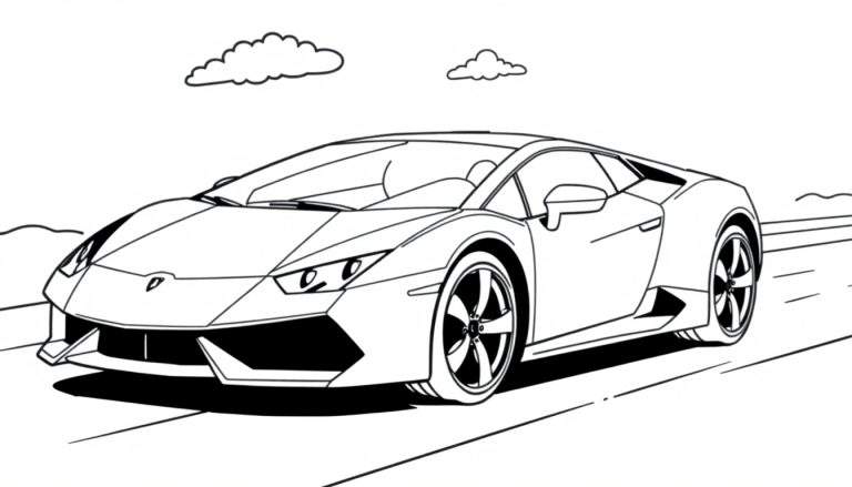 Un coche deportivo Lamborghini de color para colorear, con líneas gruesas y sencillas, sobre una carretera en perspectiva, con dos nubes onduladas en el cielo.