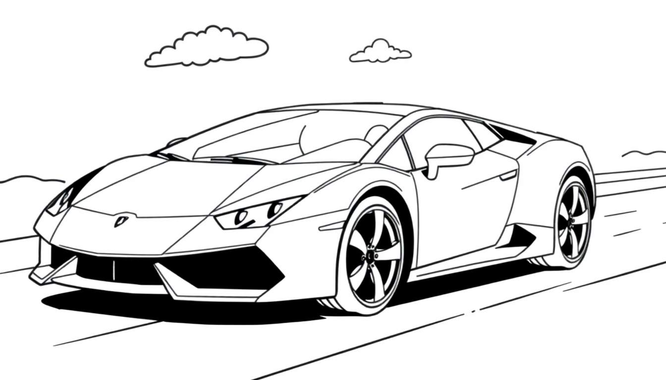 Un coche deportivo Lamborghini de color para colorear, con líneas gruesas y sencillas, sobre una carretera en perspectiva, con dos nubes onduladas en el cielo.