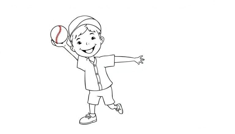 Niño lanzando pelota de béisbol, página para colorear.