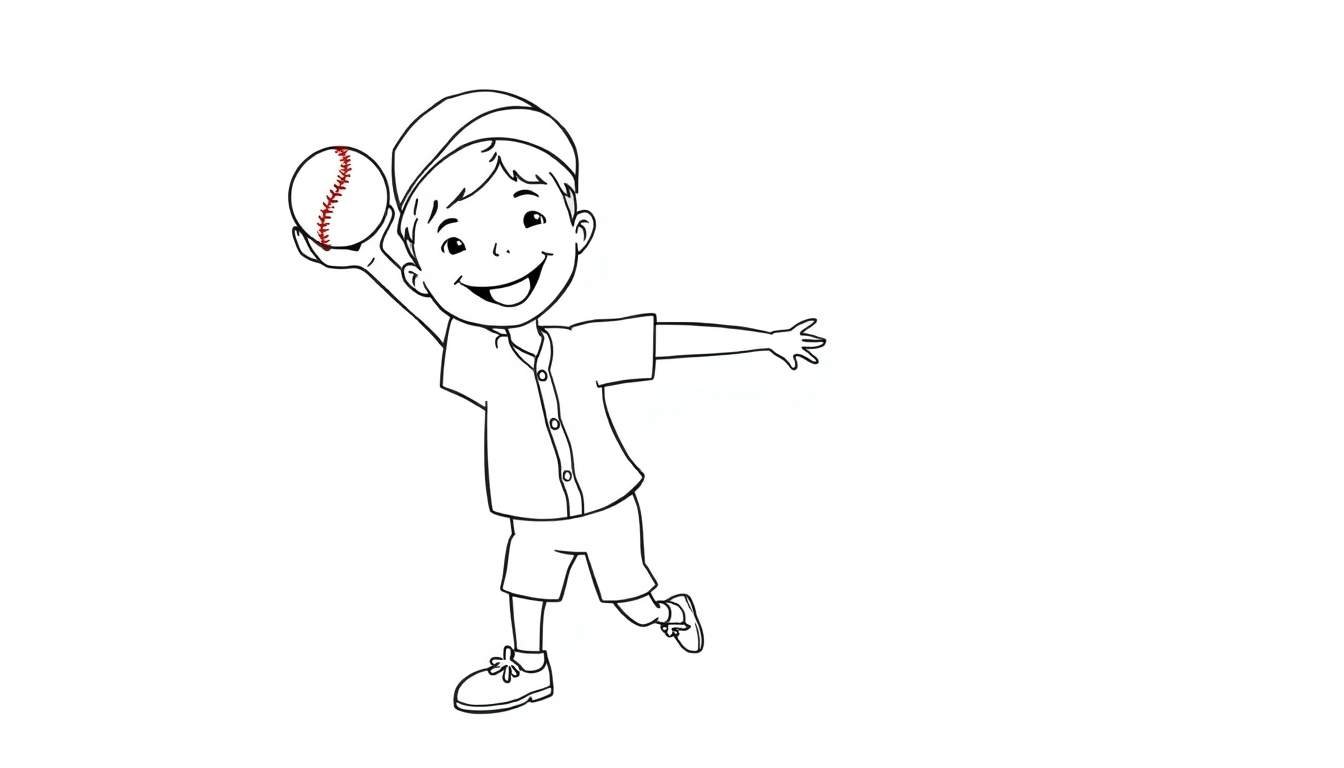 Niño lanzando pelota de béisbol, página para colorear.