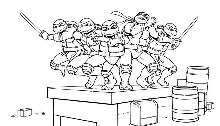 Placa de color de las Tortugas Ninja listas para la acción, con espadas, en una plataforma.