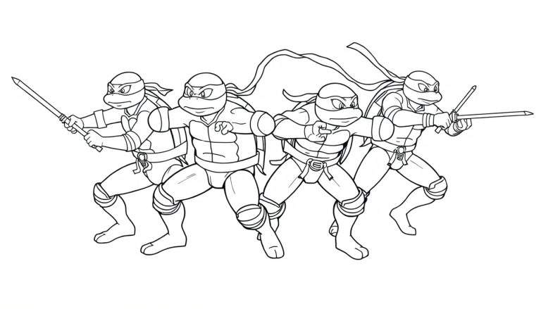 Las Tortugas Ninja listas para la acción, con líneas de una placa de color.