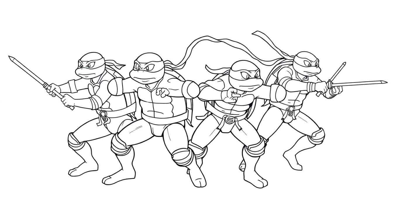 Las Tortugas Ninja listas para la acción, con líneas de una placa de color.