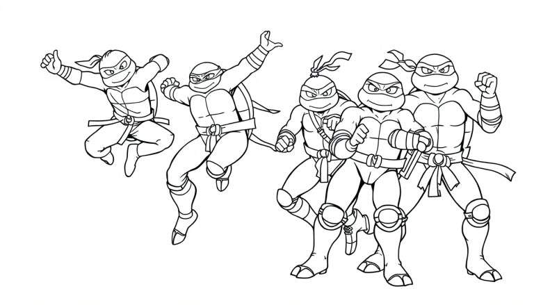 Las Tortugas Ninja listas para la acción, un dibujo para colorear en blanco y negro de la placa de color.
