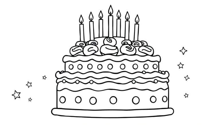Placa de color de un pastel de cumpleaños con dos pisos, crema batida y velas encendidas.