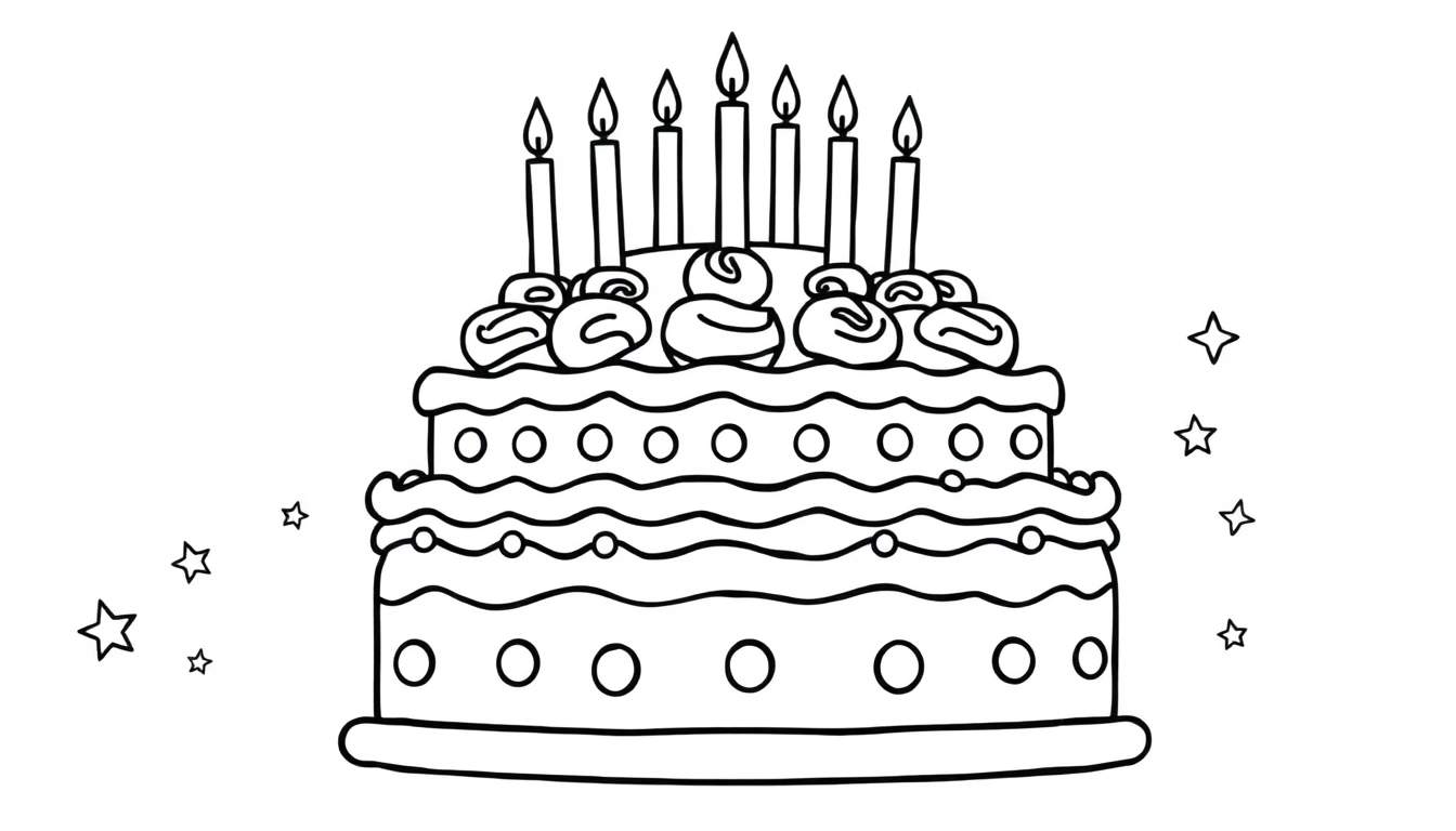 Placa de color de un pastel de cumpleaños con dos pisos, crema batida y velas encendidas.