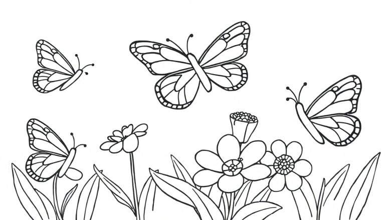 Placa de color de mariposas volando entre flores.