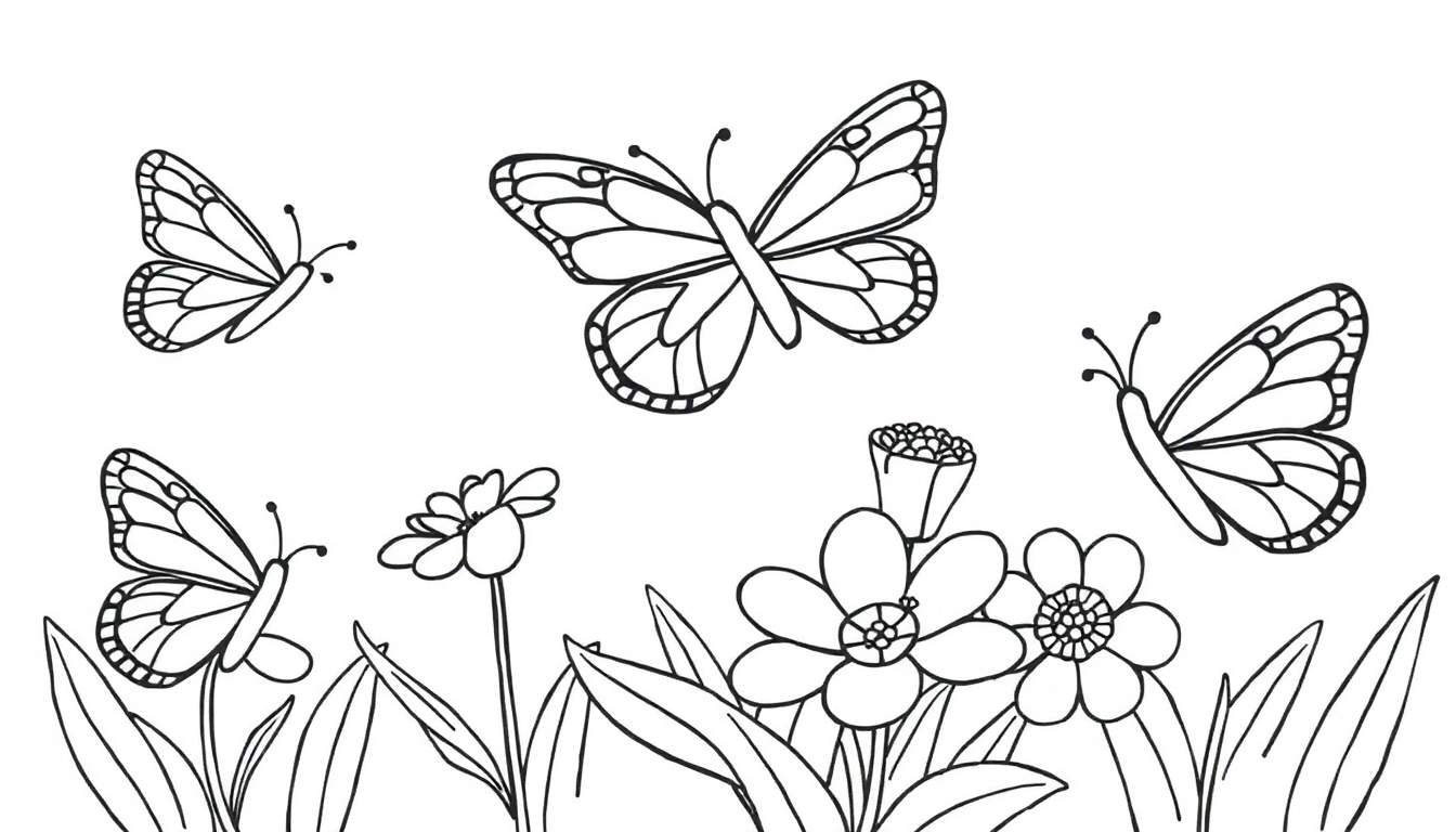 Placa de color de mariposas volando entre flores.
