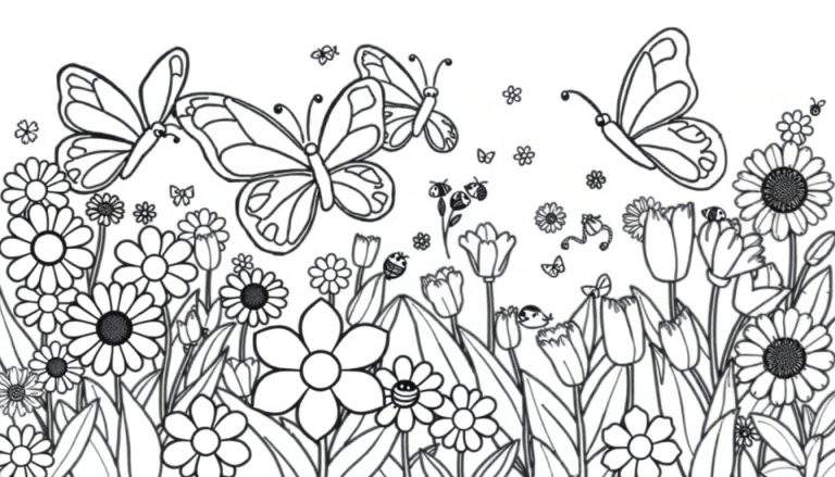 Placa de color con un jardín de flores y mariposas para colorear.