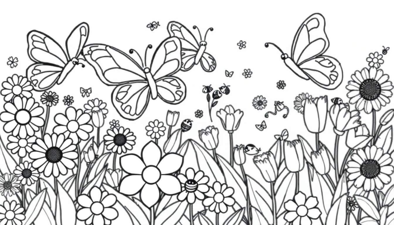 Placa de color con un jardín de flores y mariposas para colorear.