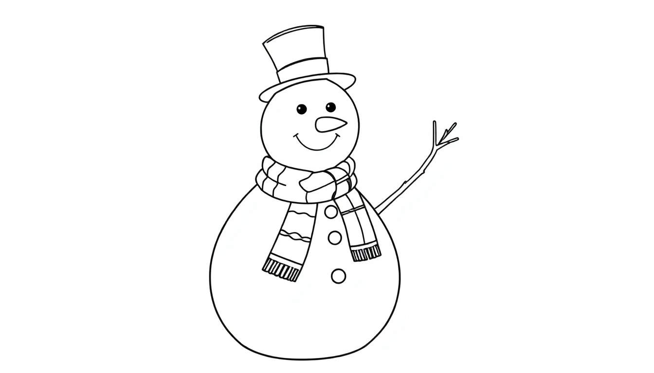 Una placa de color de un muñeco de nieve amigable con sombrero y bufanda, listo para colorear.