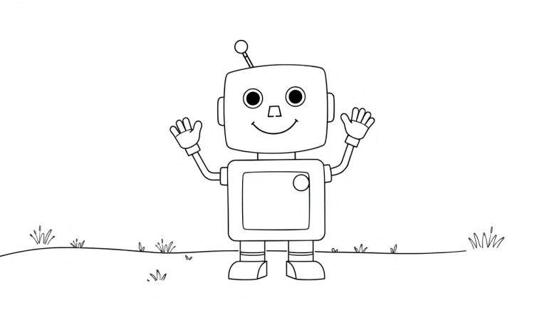Placa de color de un robot amigable hecho de formas geométricas.