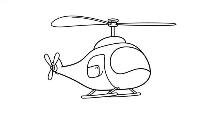 Un helicóptero sonriente para colorear con grandes hélices, listo para volar.