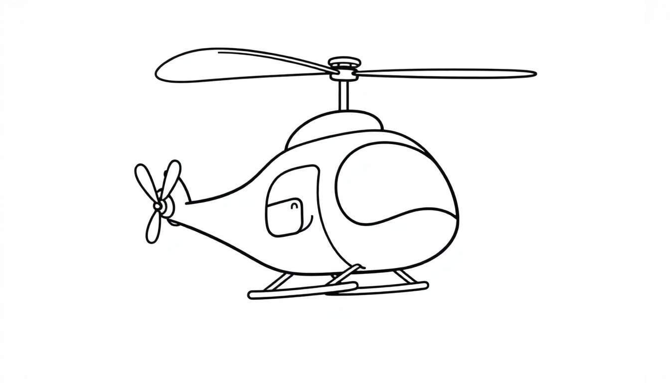 Un helicóptero sonriente para colorear con grandes hélices, listo para volar.