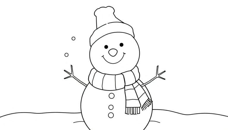 Dibujo lineal en blanco y negro de un muñeco de nieve amigable con sombrero y bufanda, listo para colorear.