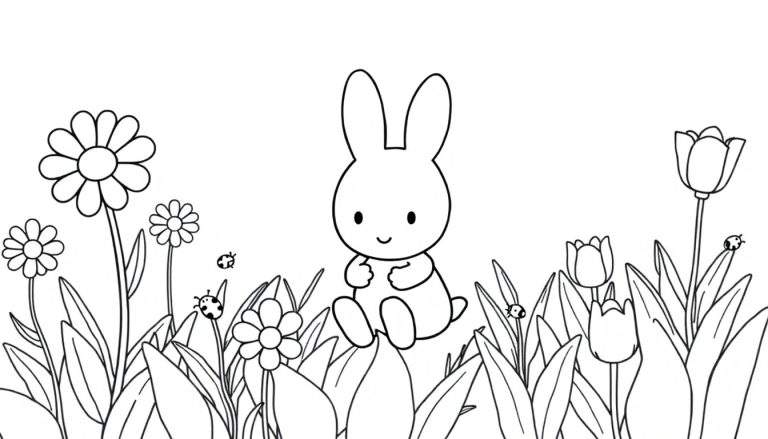 Placa de color de Miffy jugando en un jardín de flores.