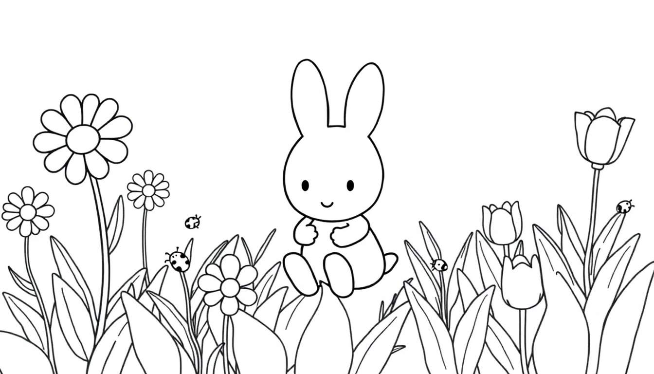 Placa de color de Miffy jugando en un jardín de flores.