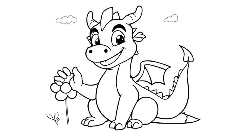 Placa de color de un dragón rojo amigable sentado y sonriendo, con alas pequeñas, cuernos y escamas, sosteniendo una flor.