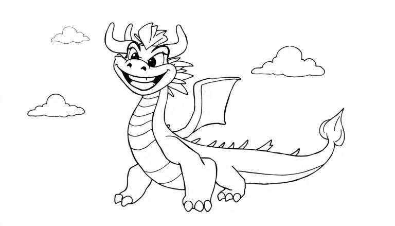 Un dragón amigable de dibujos animados con cuernos y alas, listo para ser coloreado en una placa de color.