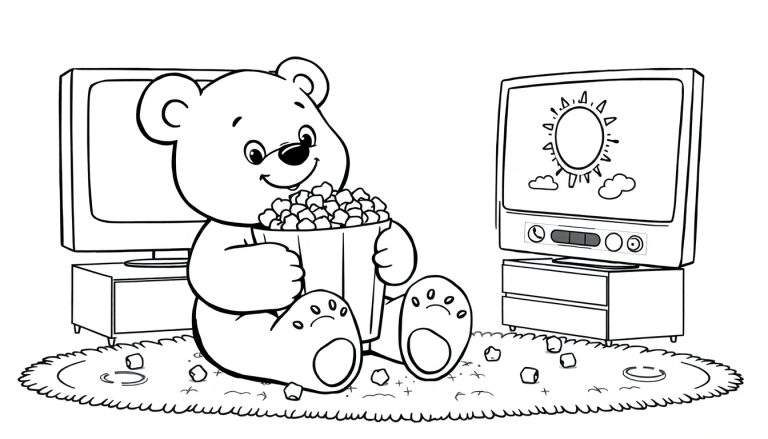 Placa de color de un oso de peluche feliz viendo televisión con palomitas de maíz.