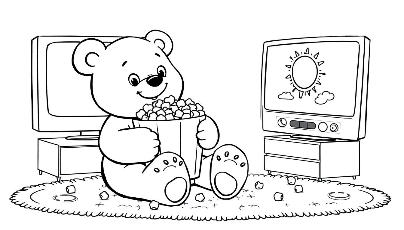 Placa de color de un oso de peluche feliz viendo televisión con palomitas de maíz.