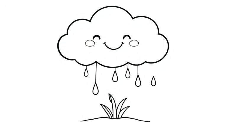 Placa de color de una nube feliz con gotas de lluvia y hierba.