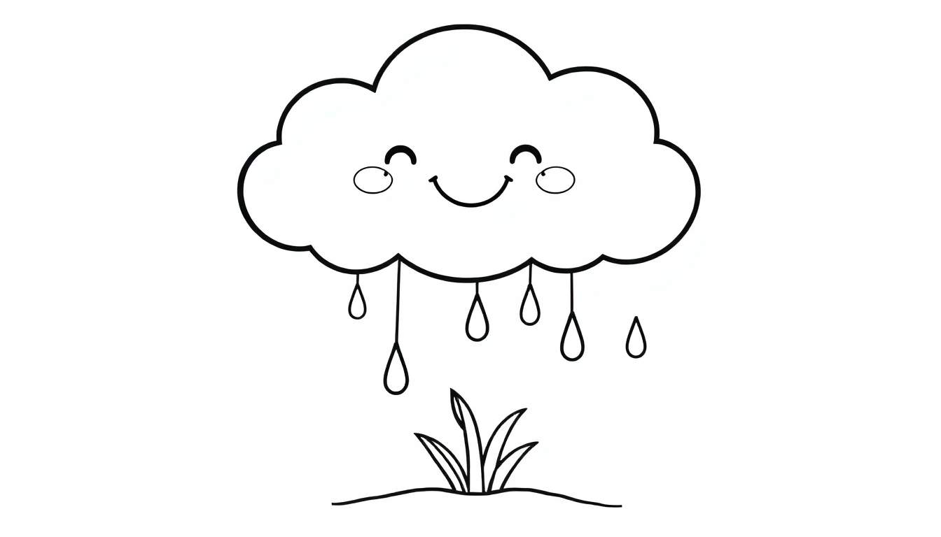 Placa de color de una nube feliz con gotas de lluvia y hierba.