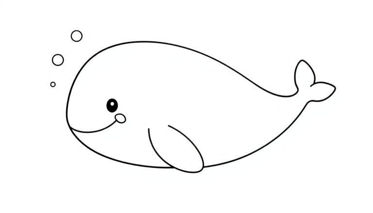 Una ballena sonriente y simpática con tres burbujas flotando cerca de su cabeza, lista para ser coloreada en esta placa de color.
