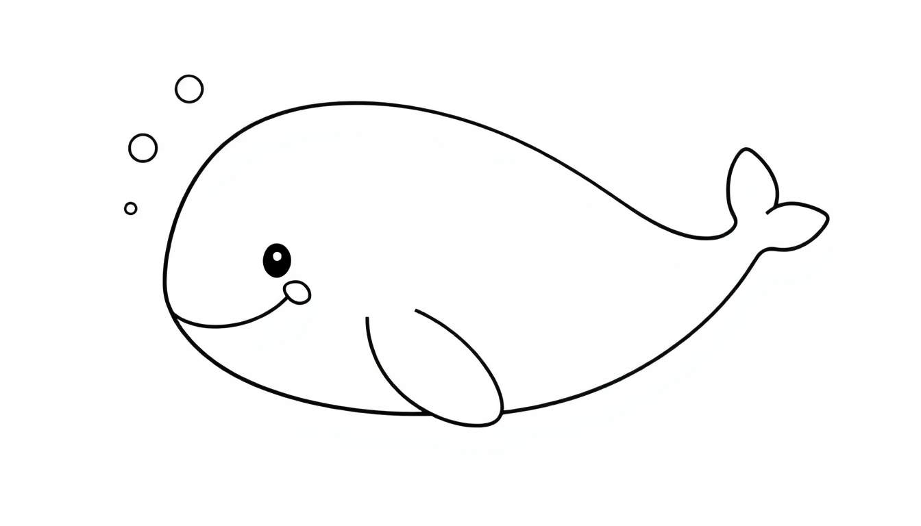 Una ballena sonriente y simpática con tres burbujas flotando cerca de su cabeza, lista para ser coloreada en esta placa de color.