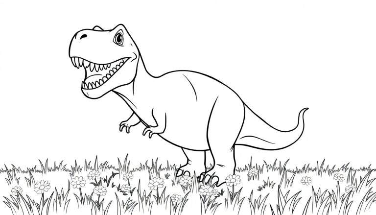 Placa de color de un T-Rex caricaturesco con hierba y margaritas.