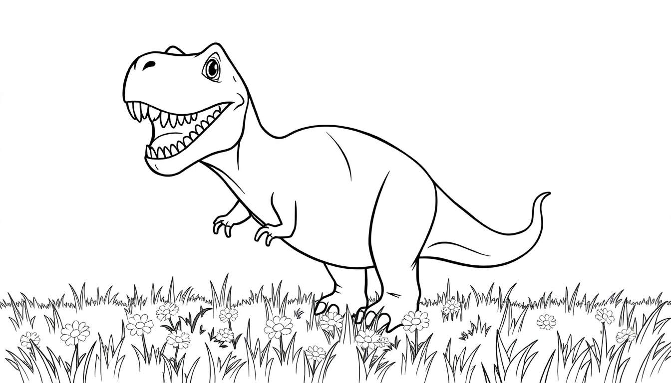 Placa de color de un T-Rex caricaturesco con hierba y margaritas.