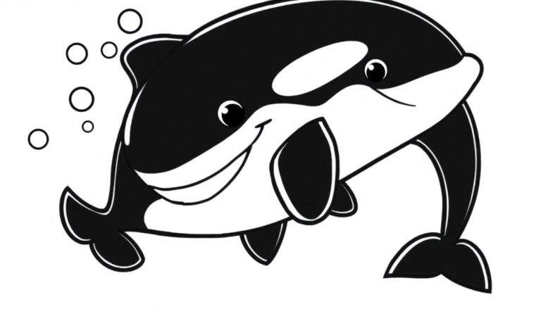 Una orca sonriente con burbujas flotando a su alrededor, lista para colorear en una placa de color.