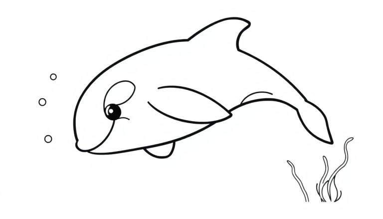 Placa de color de una orca sonriente nadando con burbujas y algas marinas.