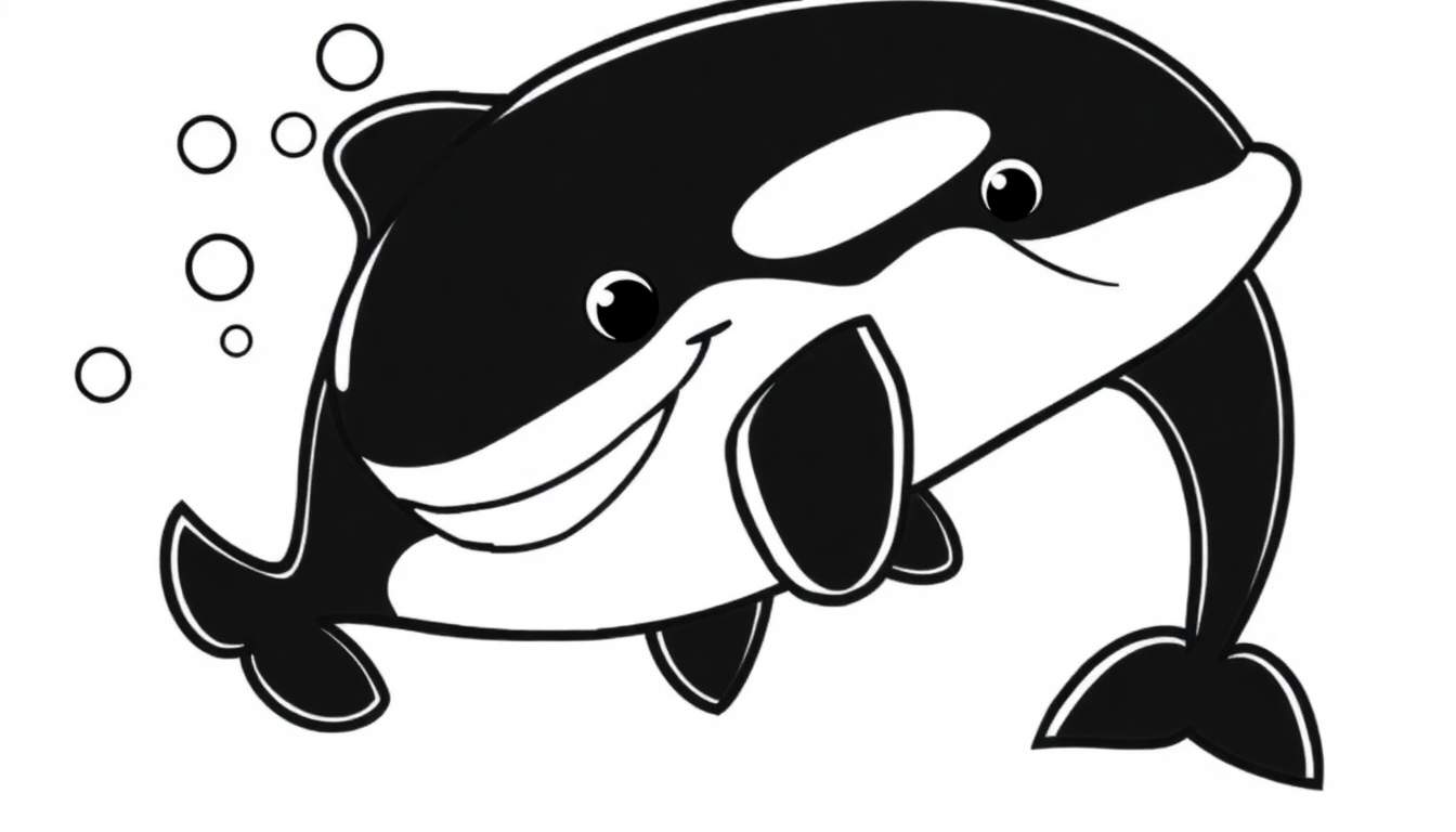 Una orca sonriente con burbujas flotando a su alrededor, lista para colorear en una placa de color.