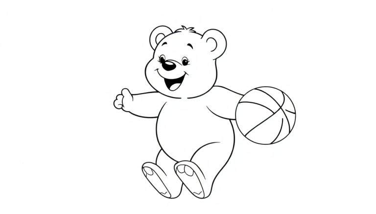 Oso de peluche animado jugando al baloncesto, preparado para colorear en la placa de color.
