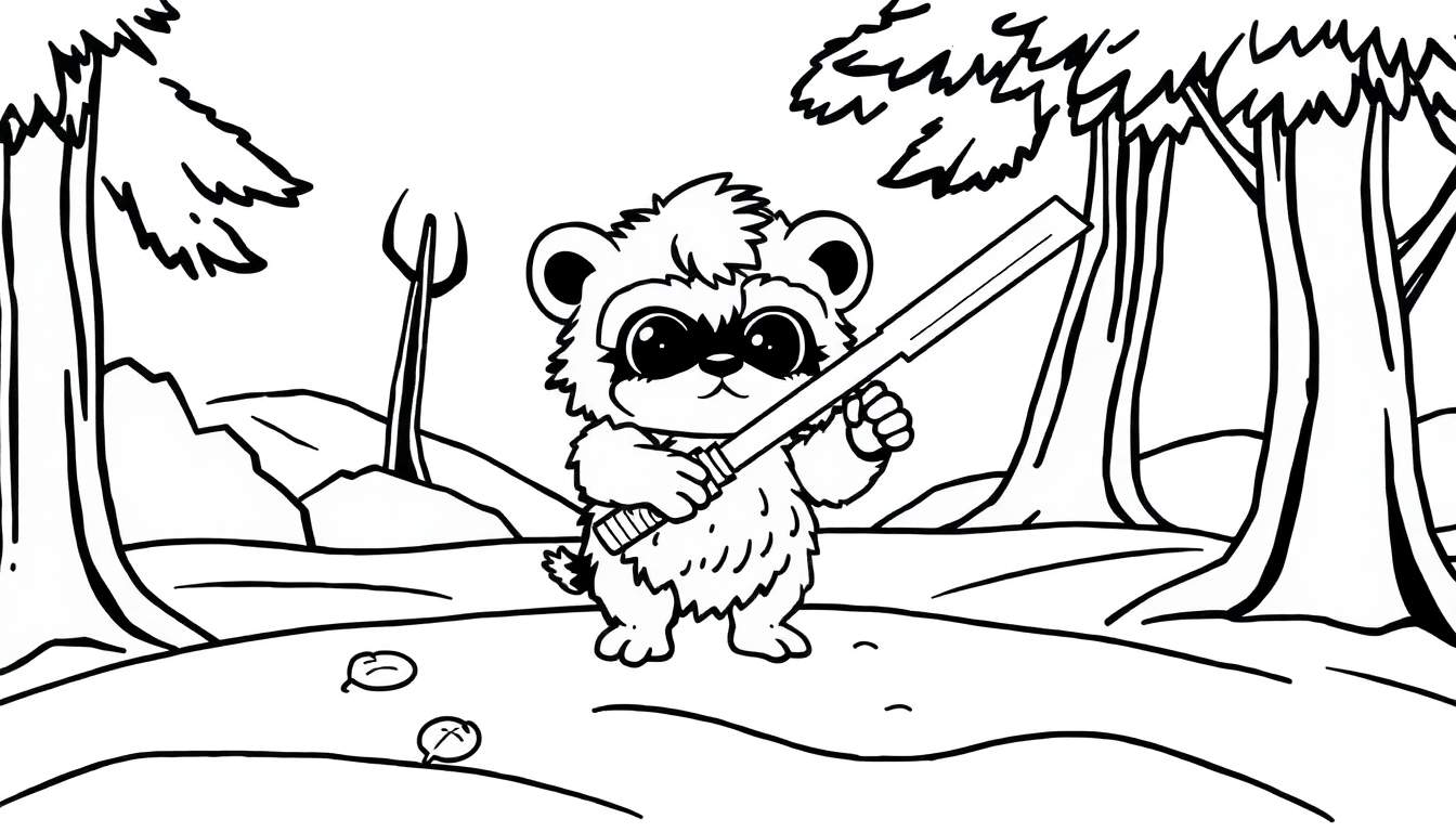 Placa de color de un oso de peluche con un sable de luz en un bosque.
