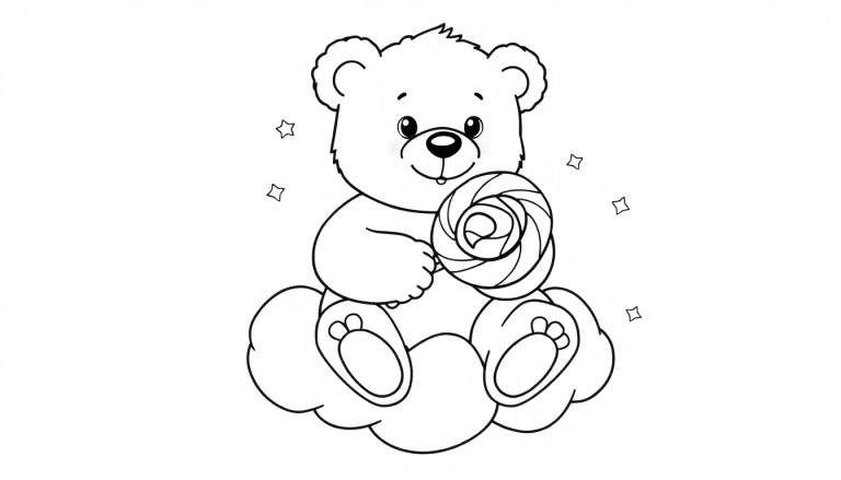 Placa de color de un oso de peluche tierno con una piruleta.
