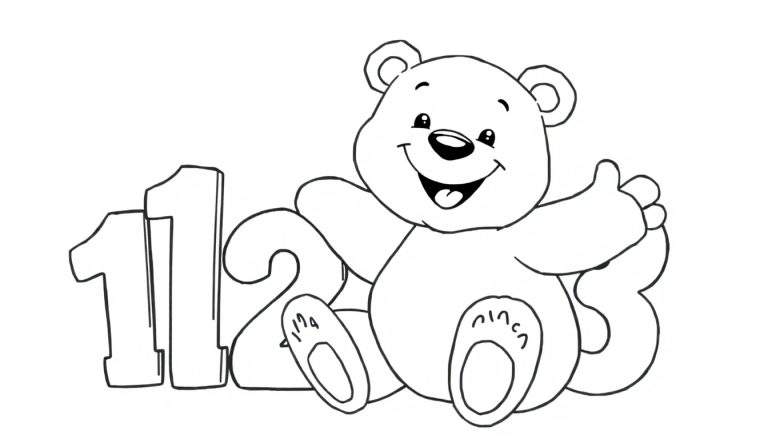 Placa de color de un oso de peluche sonriente saludando con los números 1, 2, 3.