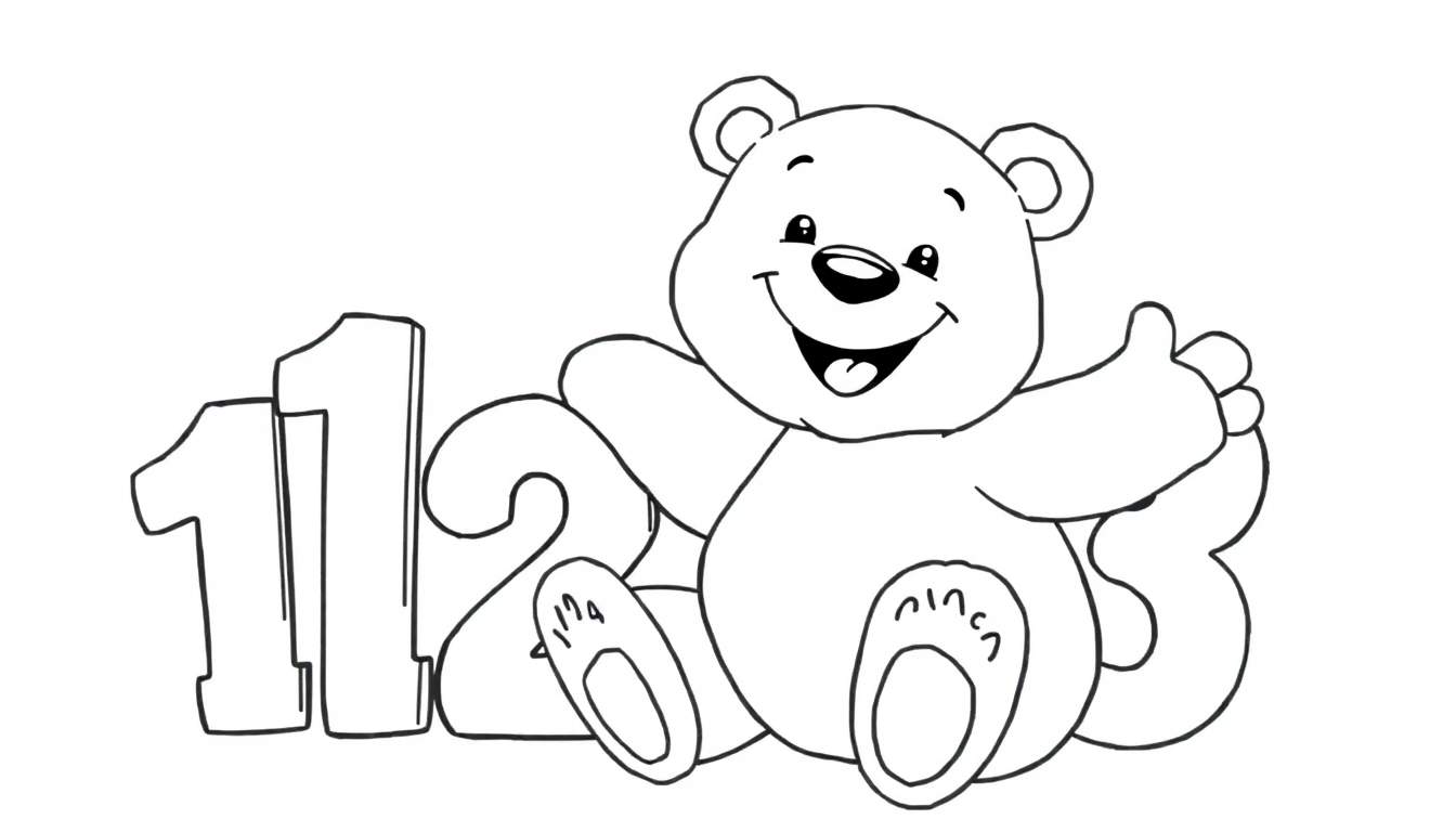 Placa de color de un oso de peluche sonriente saludando con los números 1, 2, 3.